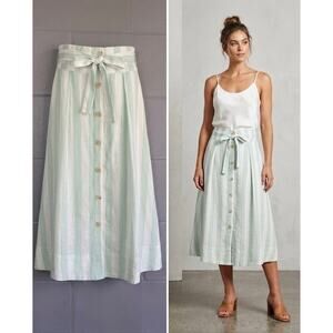 A New Day Mint & White Striped Linen Blend Midi Skirt - Size Small